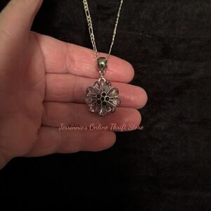 Silver Tone Figaro Chain Purple Crystal Flower Pendant Necklace Floral Jewelry